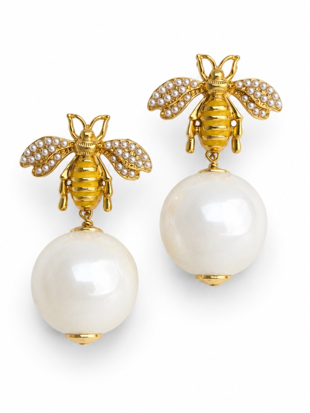 Gold Bee Pearl Drop Earrings Vintage Retro Style